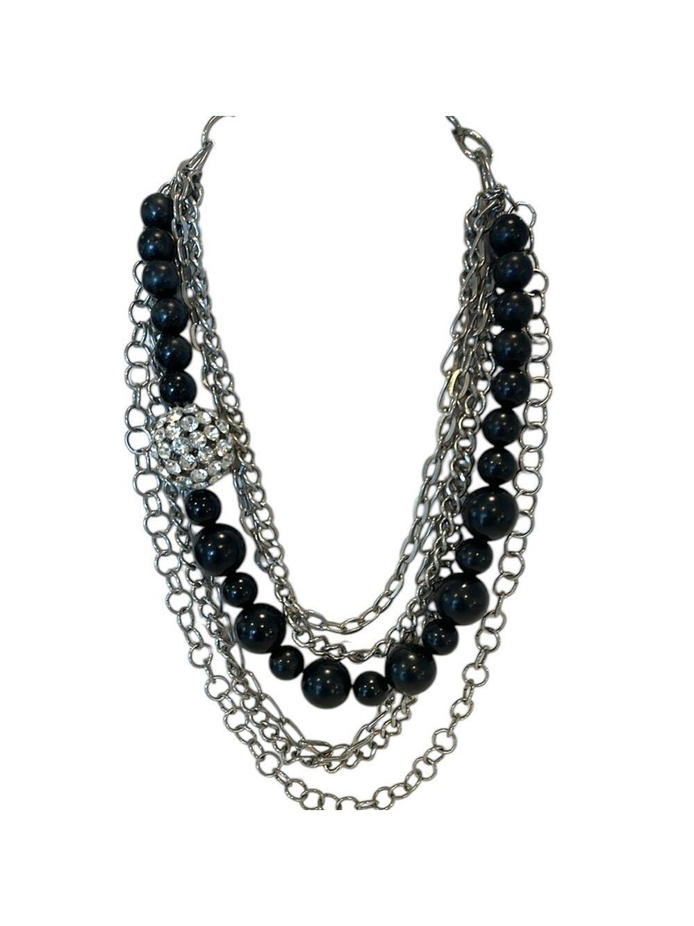 Multi Strand Layered Chain Bead Crystal Statement Necklace Silver Black